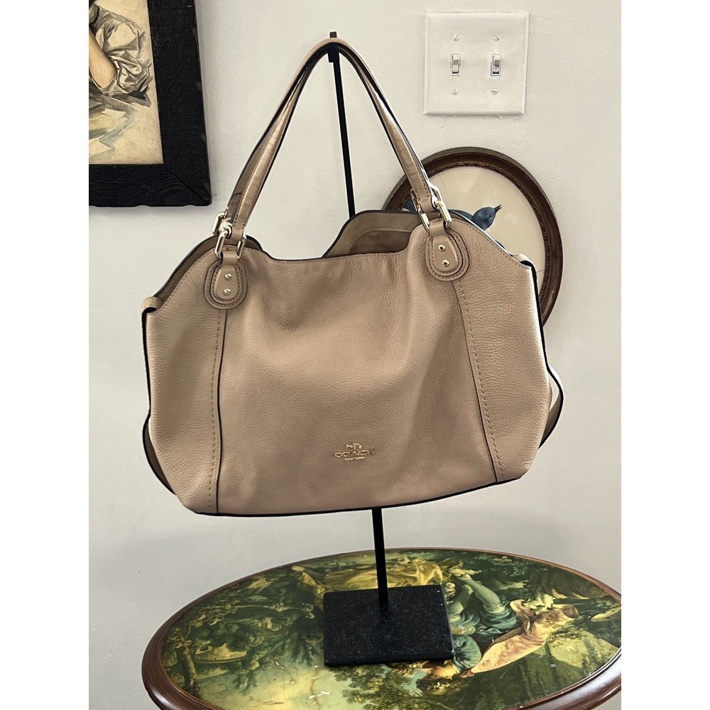 Coach Pebbled Leather Taupe Beige Tote Shoulder Bag Purse